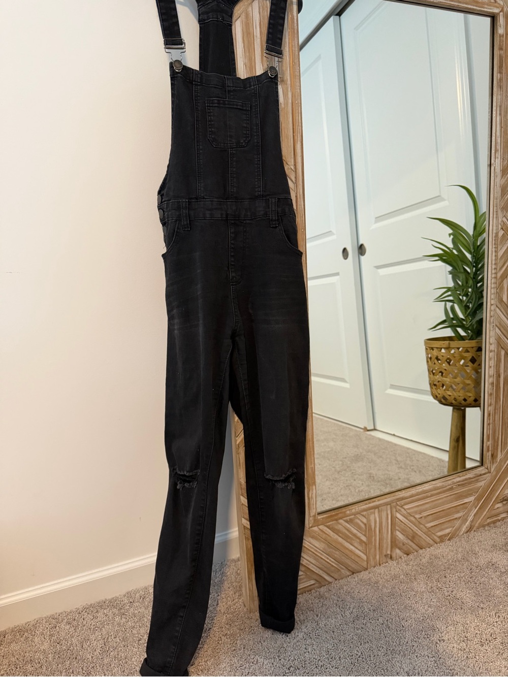Black Distressed Denim Overalls